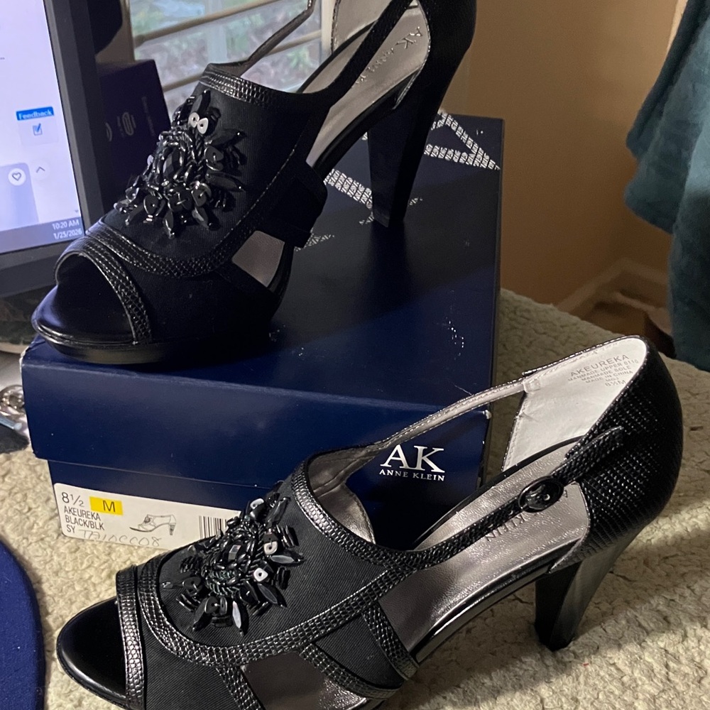 Anne Klein Black Peep-Toe Heels with Embellishments